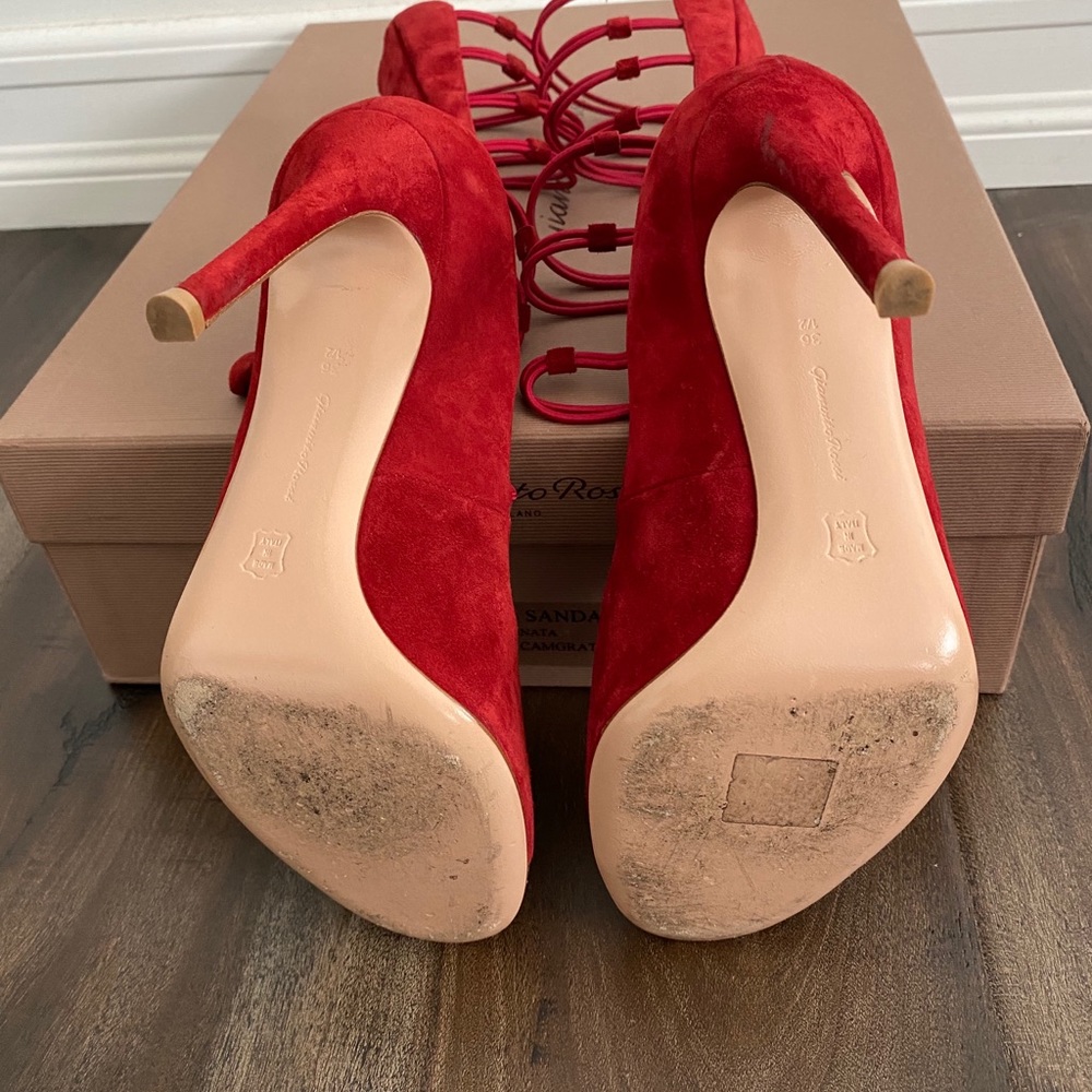 GIANVITO ROSSI STRAPPY SUEDE PEEP TOE PUMPS - Picture 4 of 8